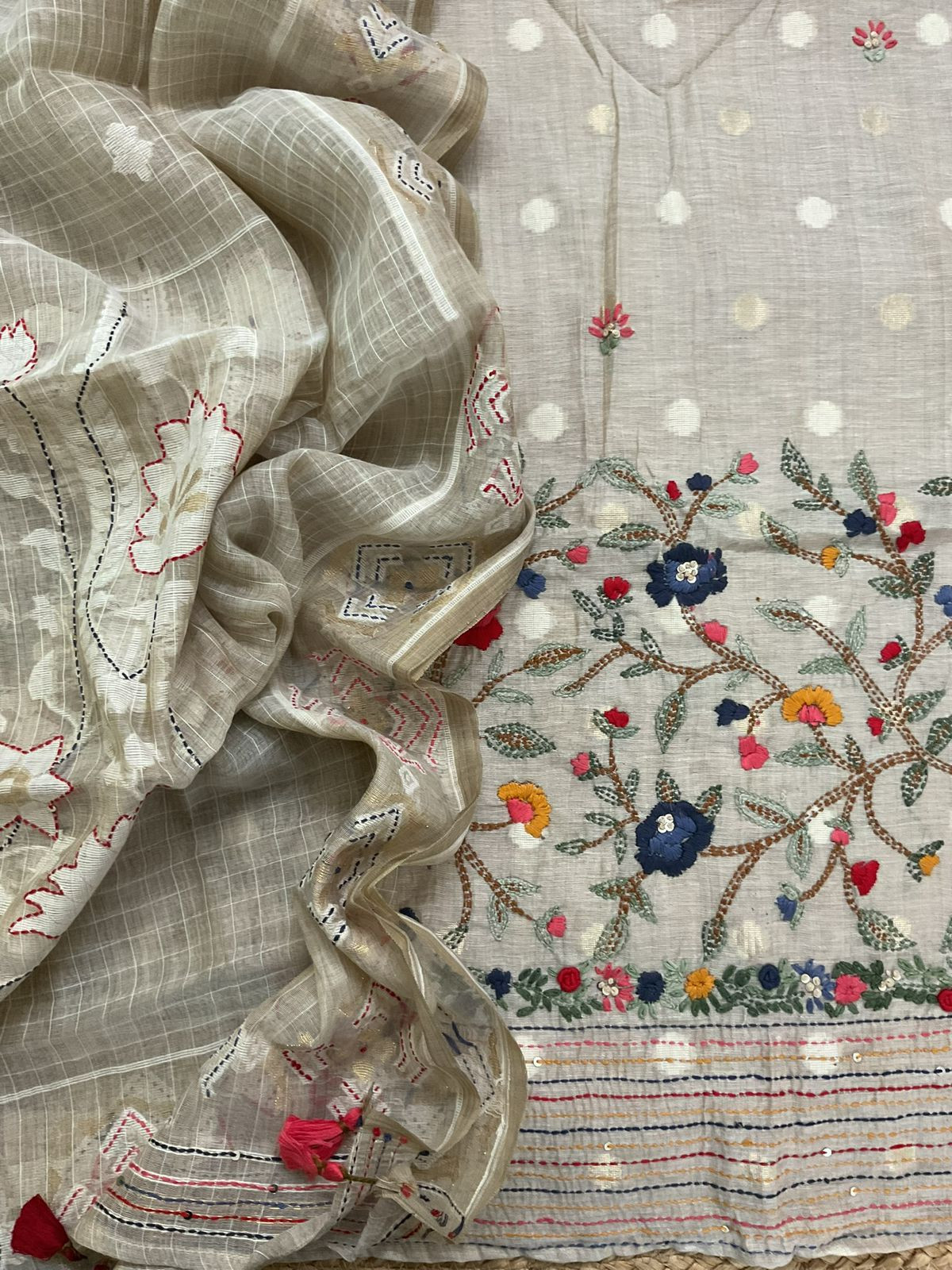 Soft Slub Chanderi Jamdani Weaved Embroidered Suit - Beige