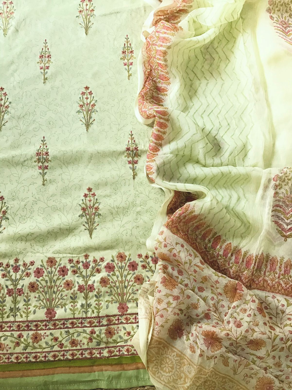 Soft Woollen Spun Silk Printed Embroidered Suit - Green