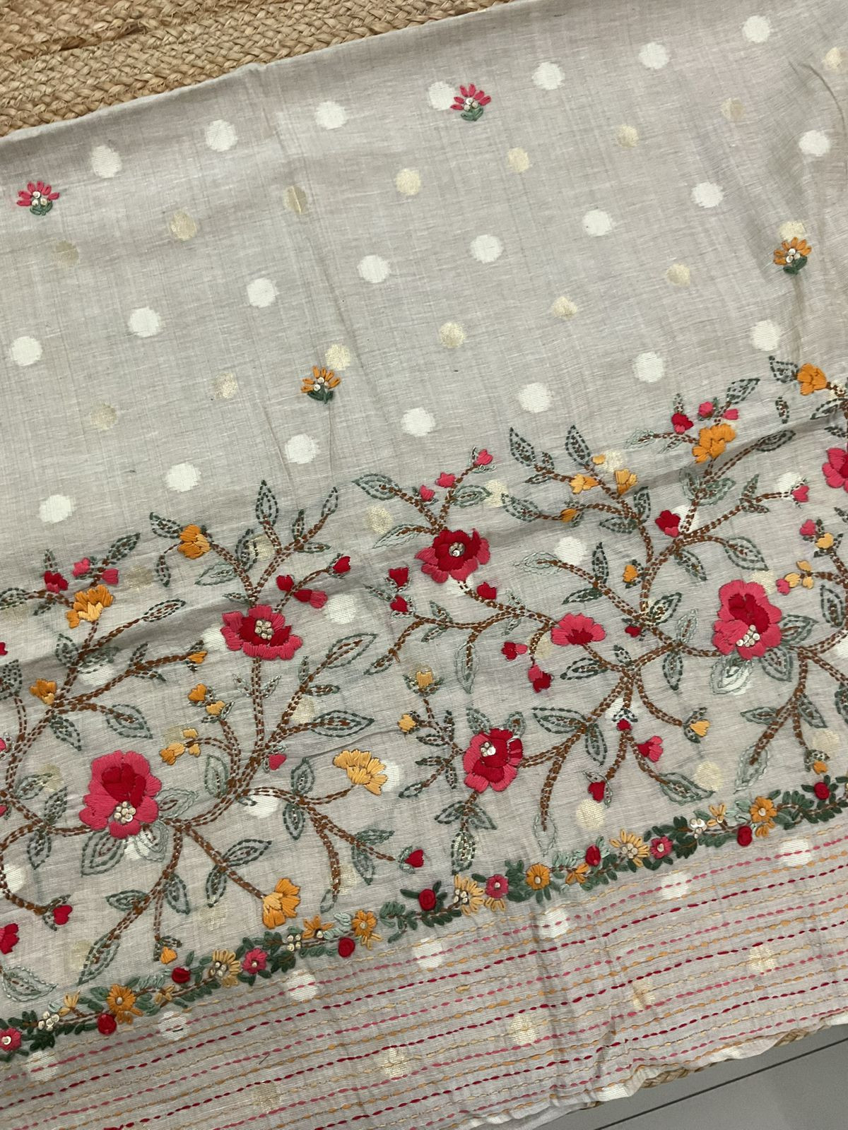 Soft Slub Chanderi Jamdani Weaved Embroidered Suit - Beige