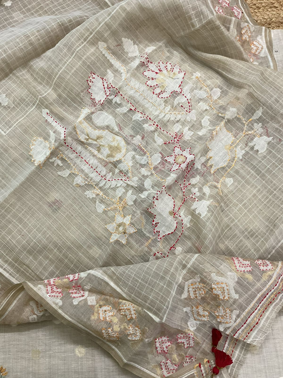 Soft Slub Chanderi Jamdani Weaved Embroidered Suit - Beige
