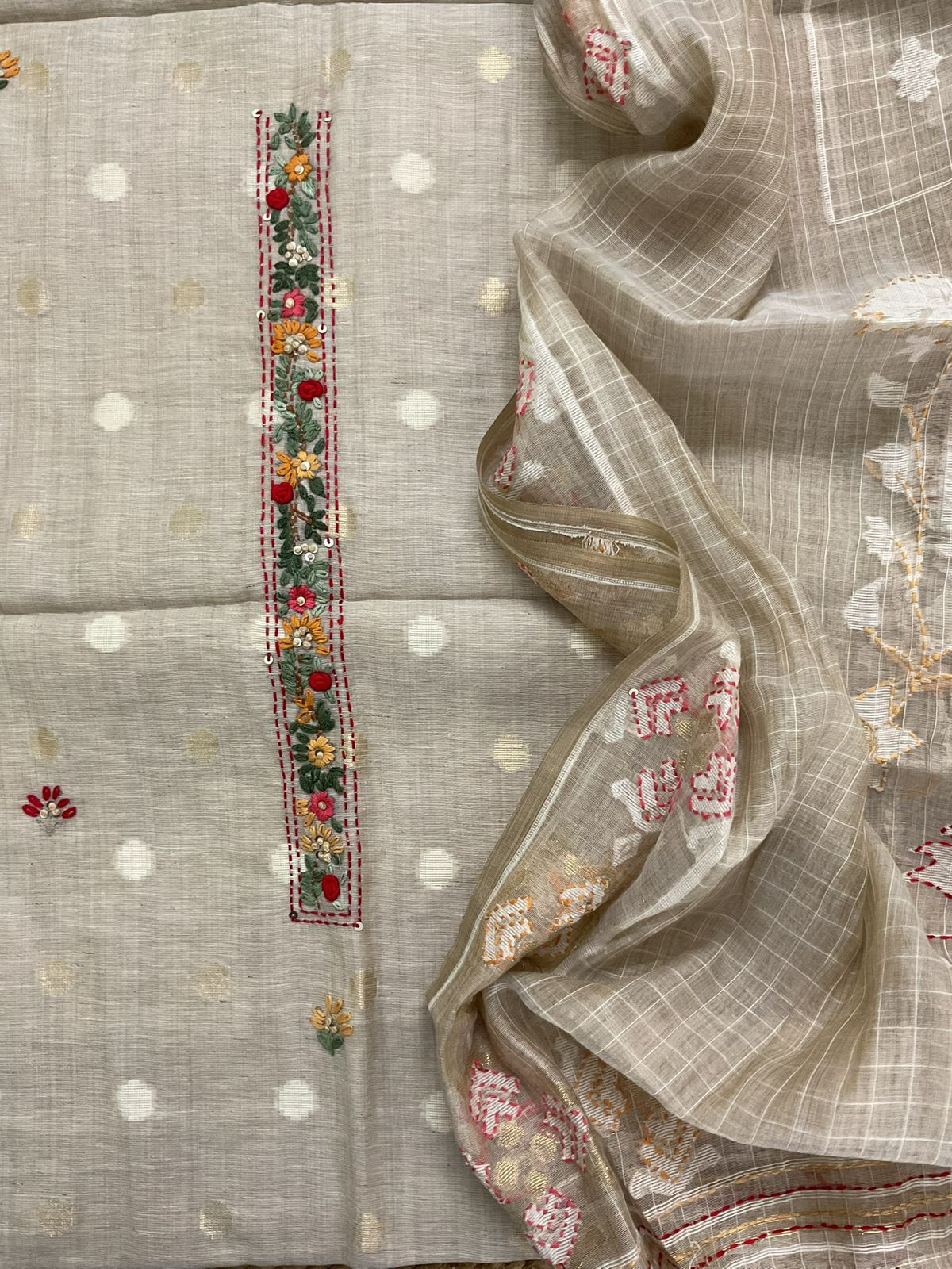 Soft Slub Chanderi Jamdani Weaved Embroidered Suit - Beige