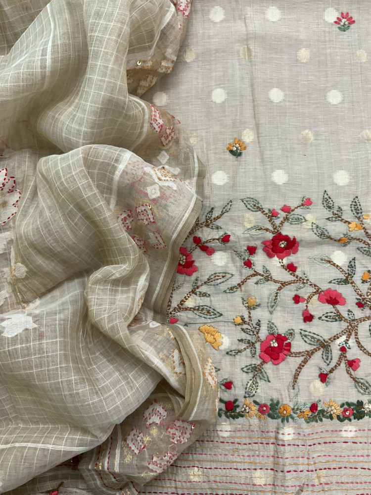 Image of Soft Slub Chanderi Jamdani Weaved Embroidered Suit - Beige