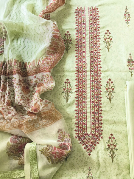 Image of Soft Woollen Spun Silk Printed Embroidered Suit - Green