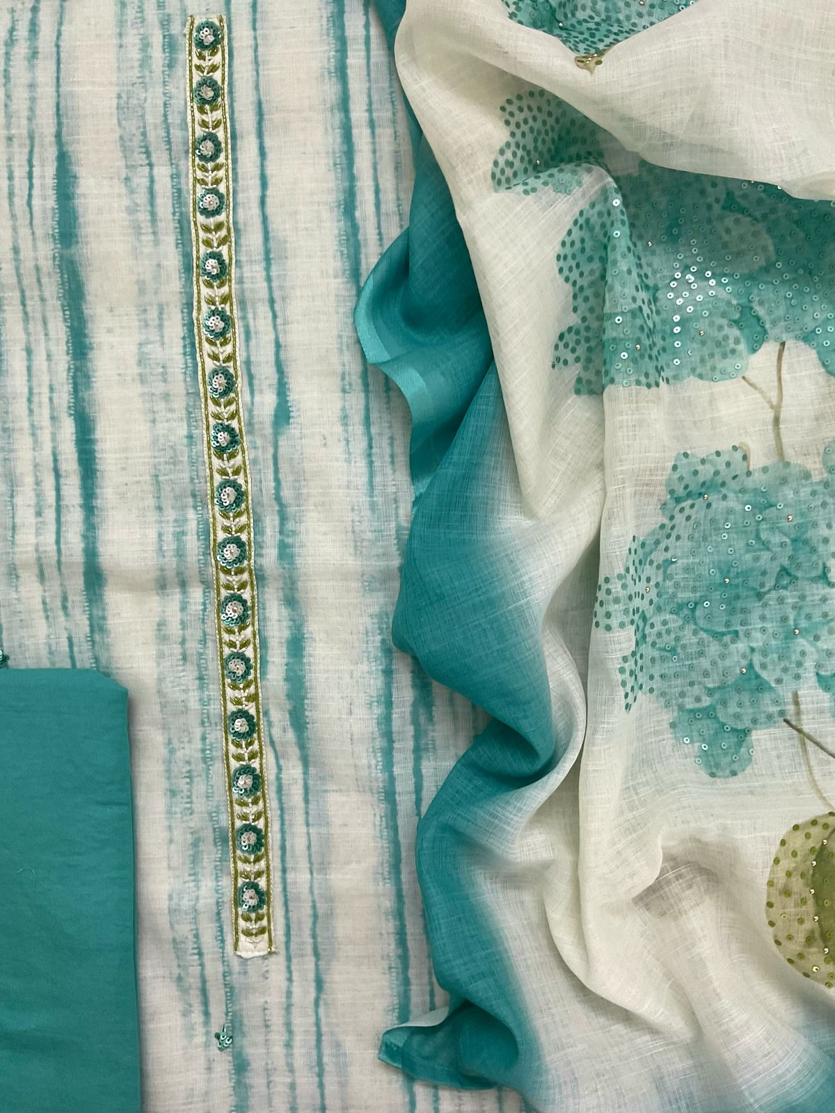 Soft Linen Jute Cotton Printed Embroidered Suit - White