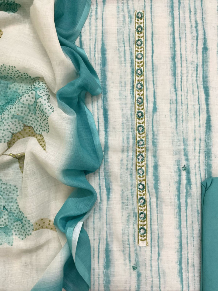 Image of Soft Linen Jute Cotton Printed Embroidered Suit - White