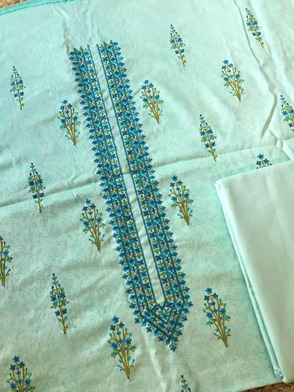 Soft Woollen Spun Silk Printed Embroidered Suit - Blue