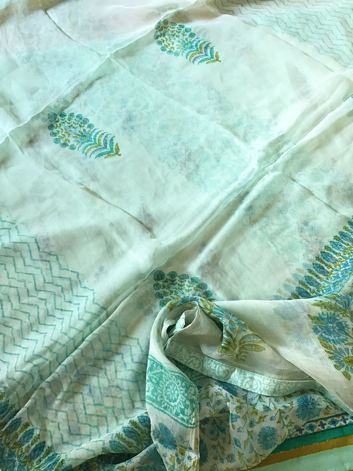 Soft Woollen Spun Silk Printed Embroidered Suit - Blue