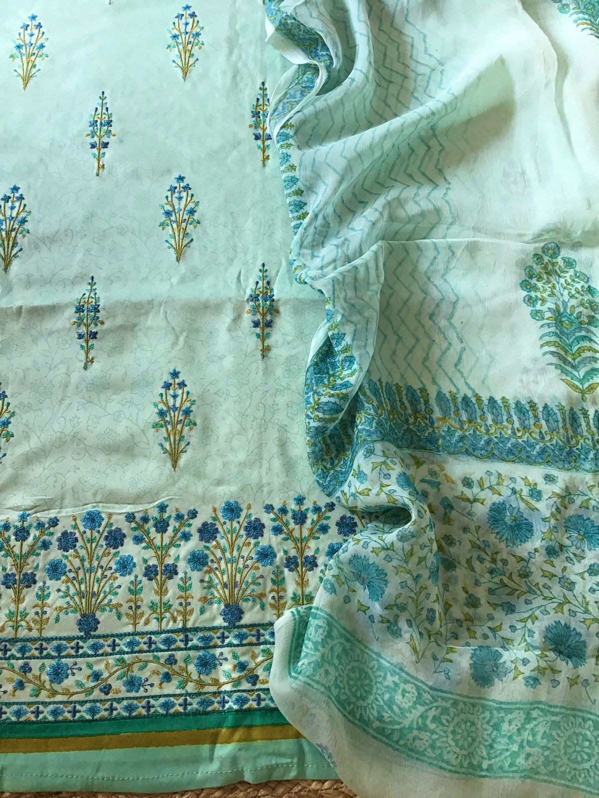 Soft Woollen Spun Silk Printed Embroidered Suit - Blue