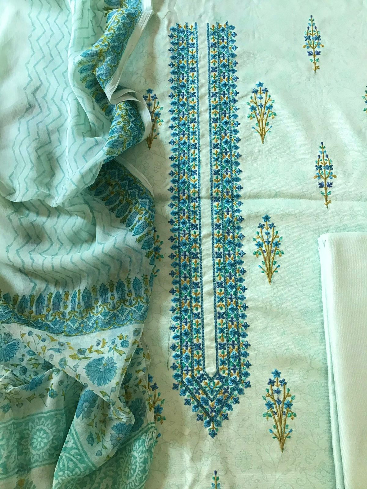 Soft Woollen Spun Silk Printed Embroidered Suit - Blue