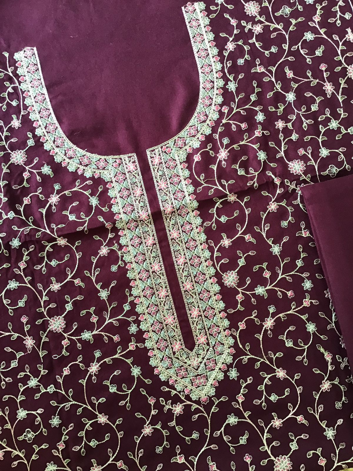 Soft Woollen Spun Silk Embroidered Suit - Wine