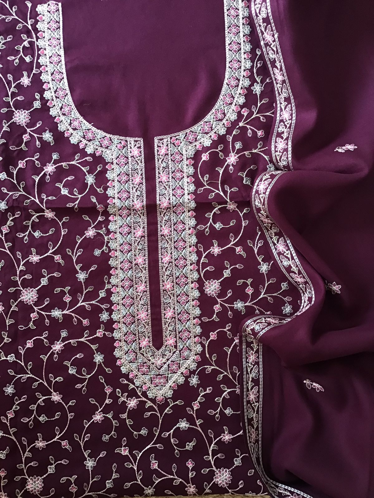Soft Woollen Spun Silk Embroidered Suit - Wine