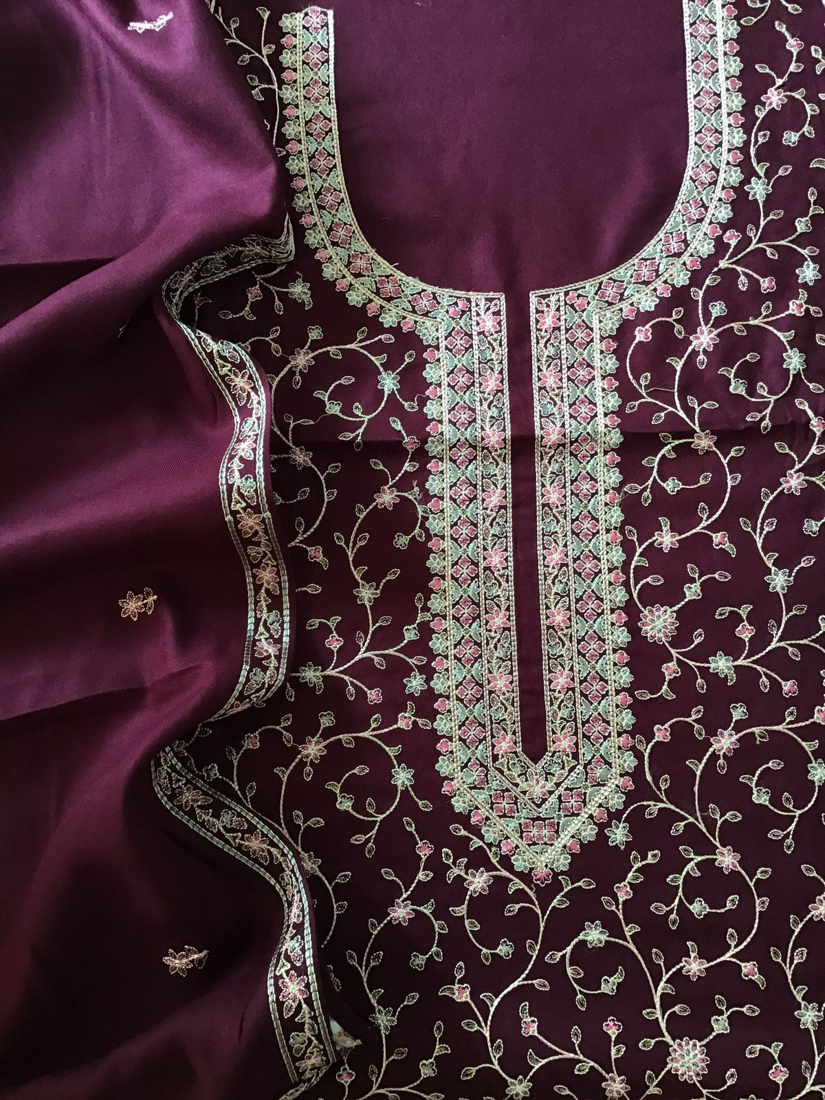 Soft Woollen Spun Silk Embroidered Suit - Wine