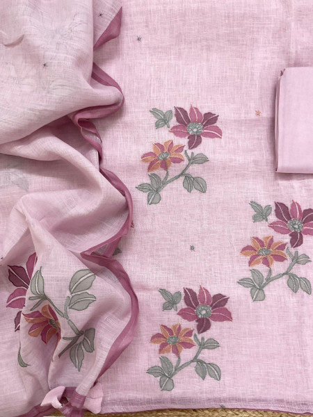 Image of Soft Linen Jute Cotton Printed Embroidered Suit - Lavender