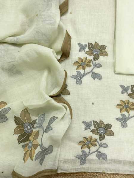 Image of Soft Linen Jute Cotton Printed Embroidered Suit - Yellow
