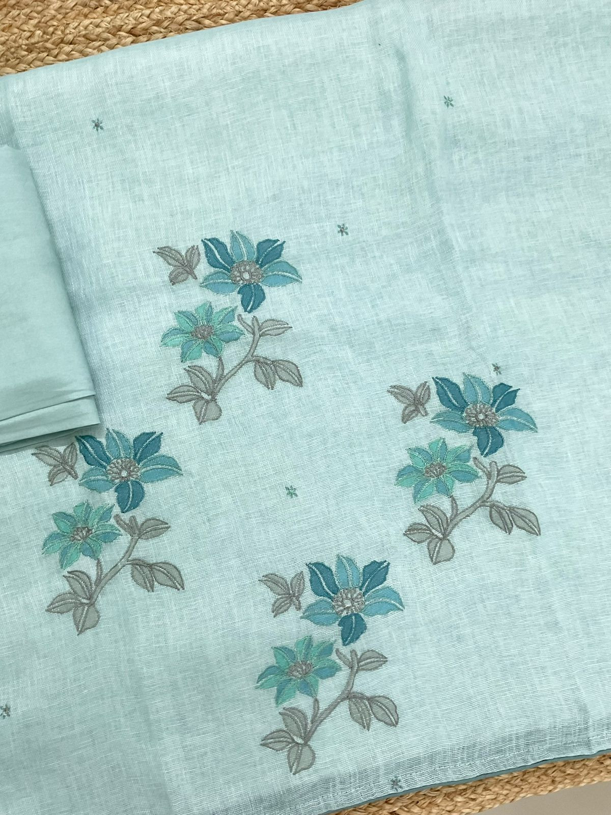 Soft Linen Jute Cotton Printed Embroidered Suit - Blue