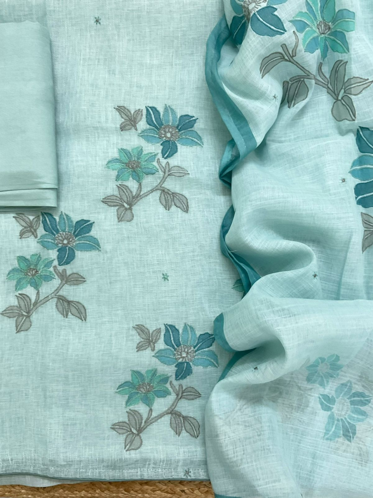 Soft Linen Jute Cotton Printed Embroidered Suit - Blue