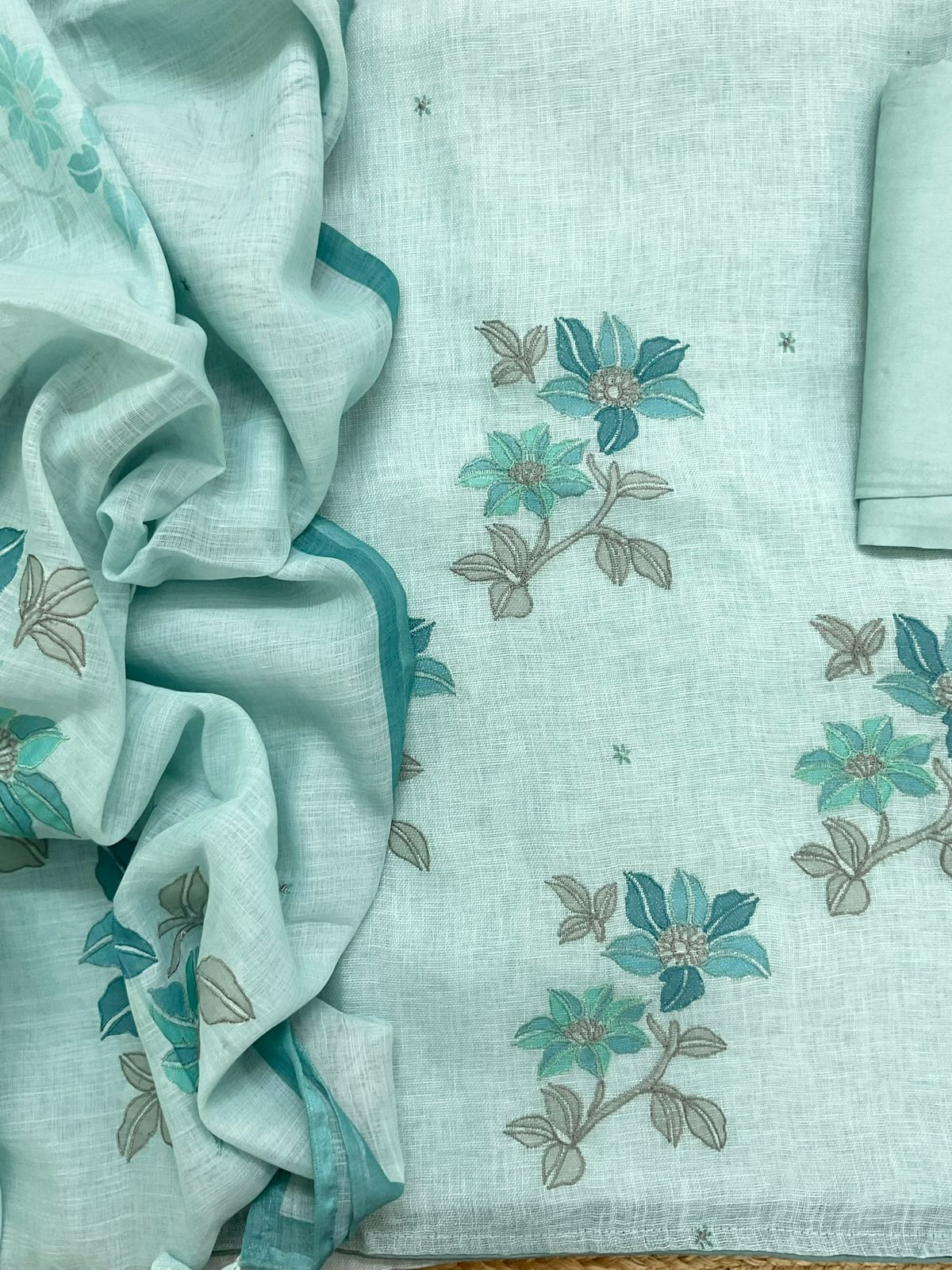 Soft Linen Jute Cotton Printed Embroidered Suit - Blue