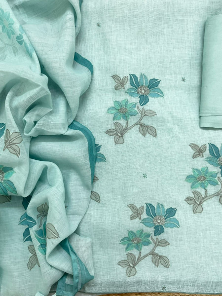 Image of Soft Linen Jute Cotton Printed Embroidered Suit - Blue