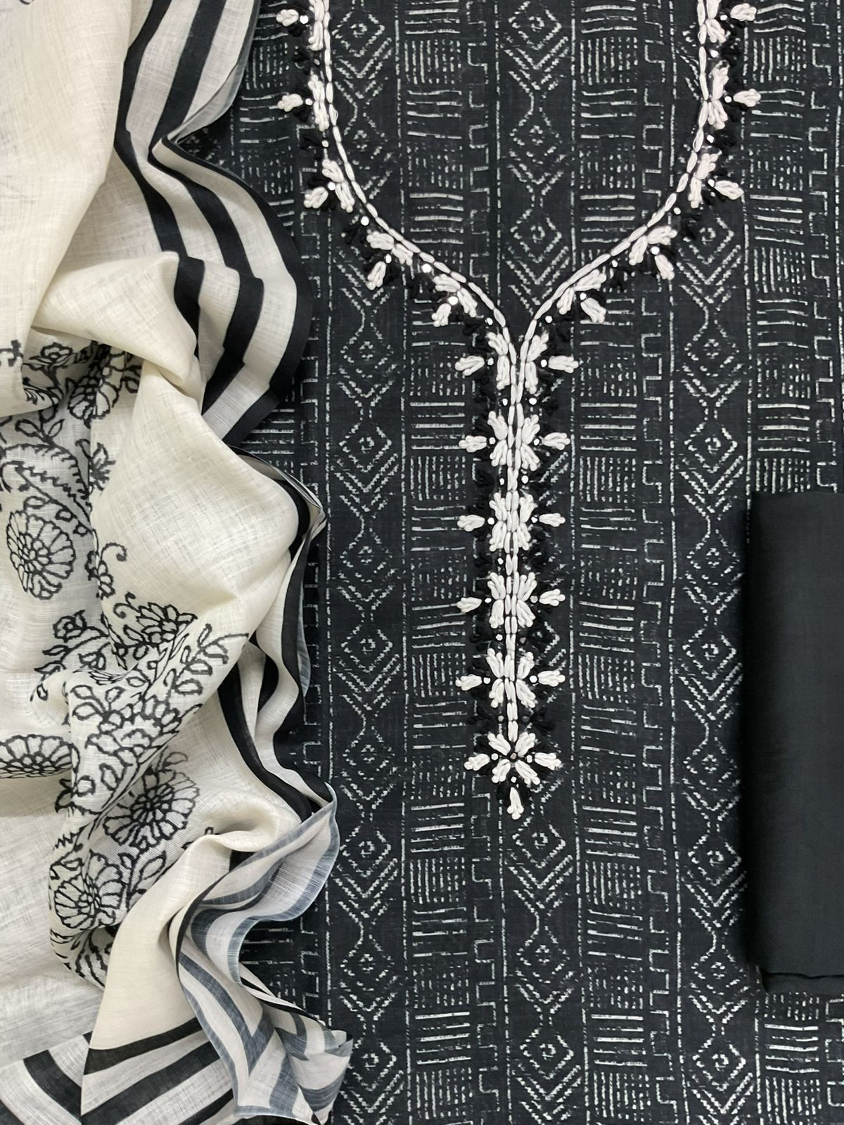 Soft Linen Jute Cotton Printed Embroidered Suit - Black