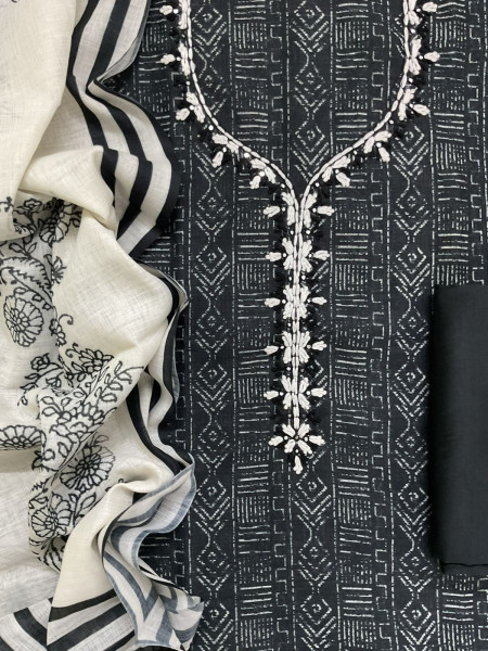 Image of Soft Linen Jute Cotton Printed Embroidered Suit - Black