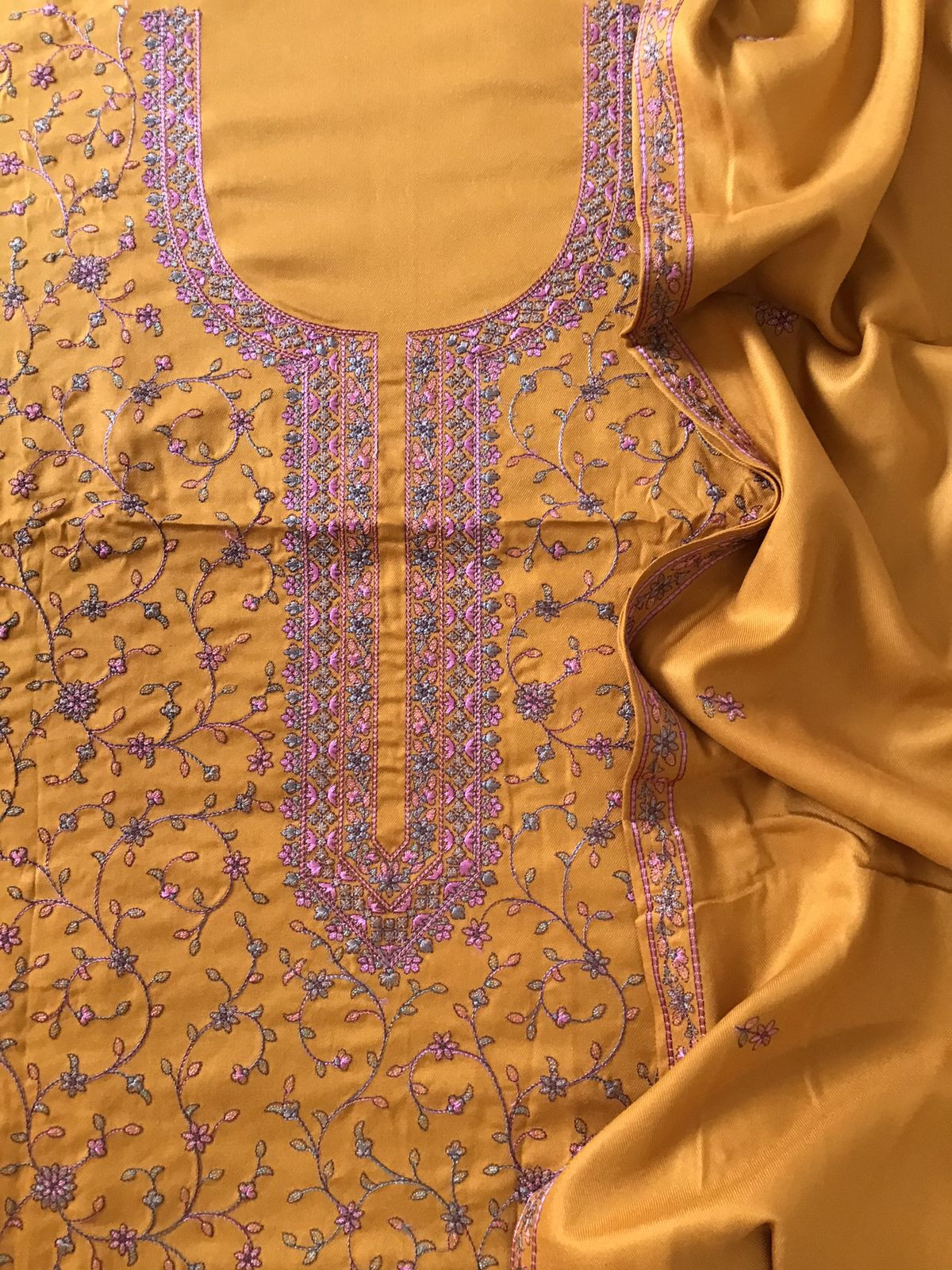 Soft Woollen Spun Silk Embroidered Suit - Dark Yellow