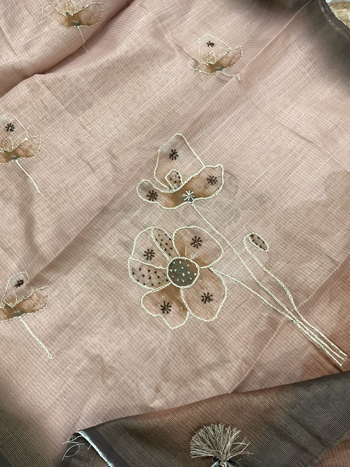 Soft Tissue Slub Cotton Printed Embroidered Suit - Brown