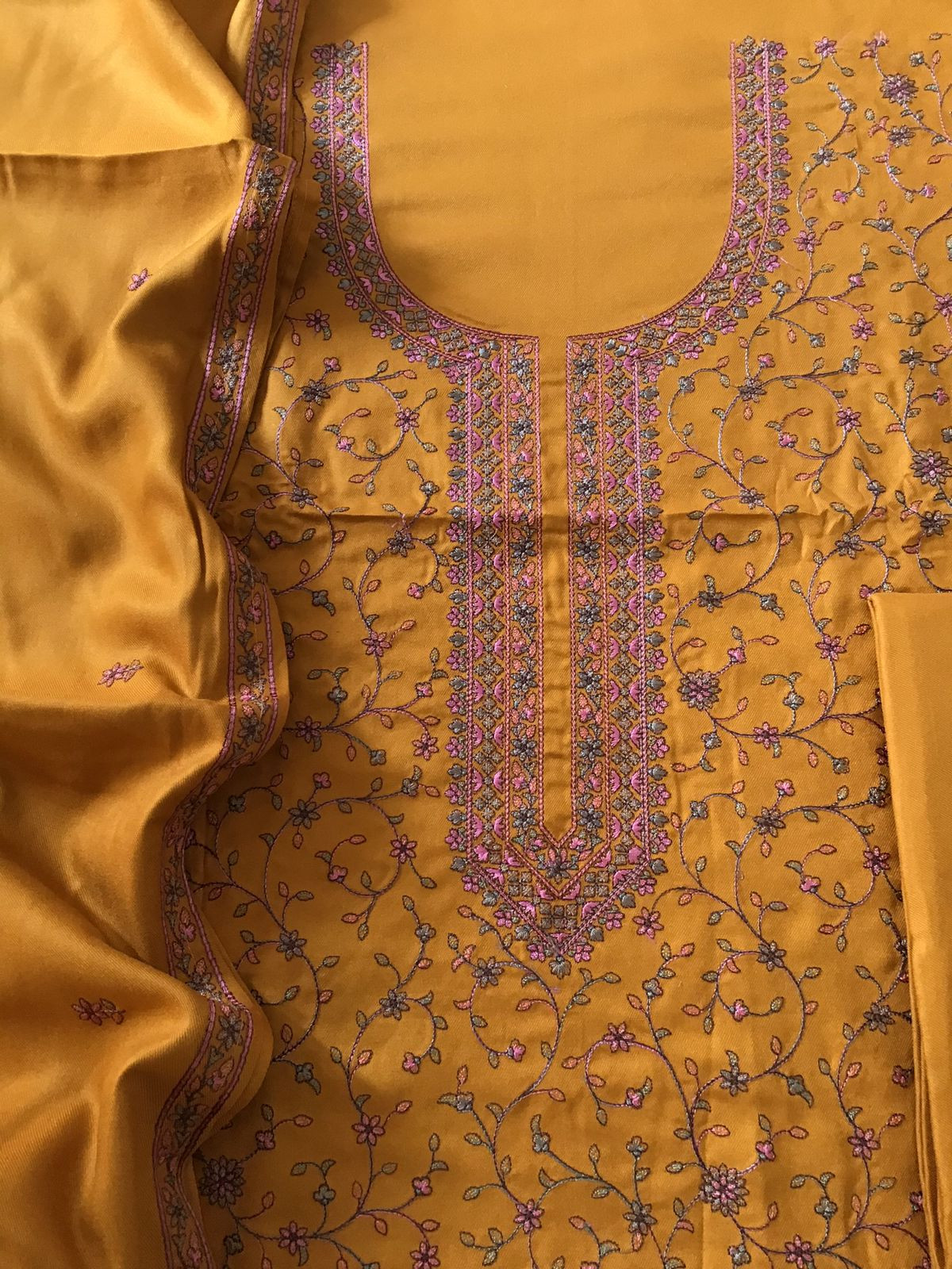 Soft Woollen Spun Silk Embroidered Suit - Dark Yellow