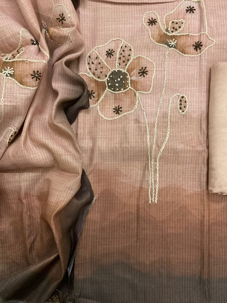 Image of Soft Tissue Slub Cotton Printed Embroidered Suit - Brown