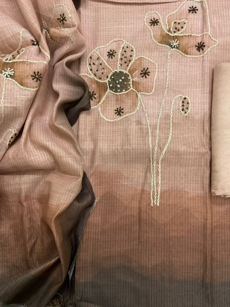 Image of Soft Tissue Slub Cotton Printed Embroidered Suit - Brown