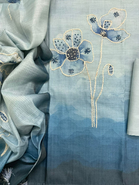 Image of Soft Tissue Slub Cotton Printed Embroidered Suit - Blue