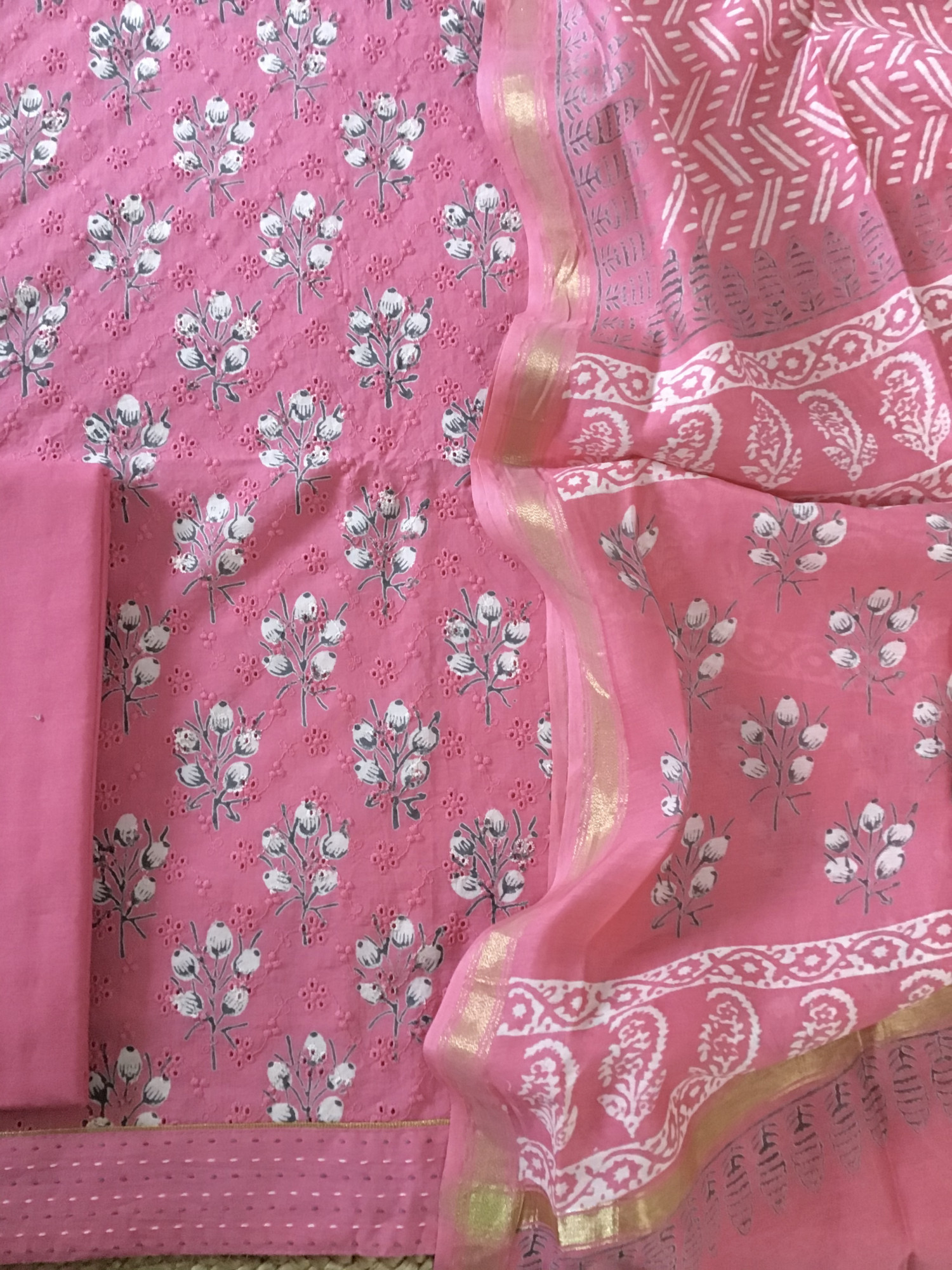 Pure Hakoba Cotton Printed Embroidered Suit - Pink