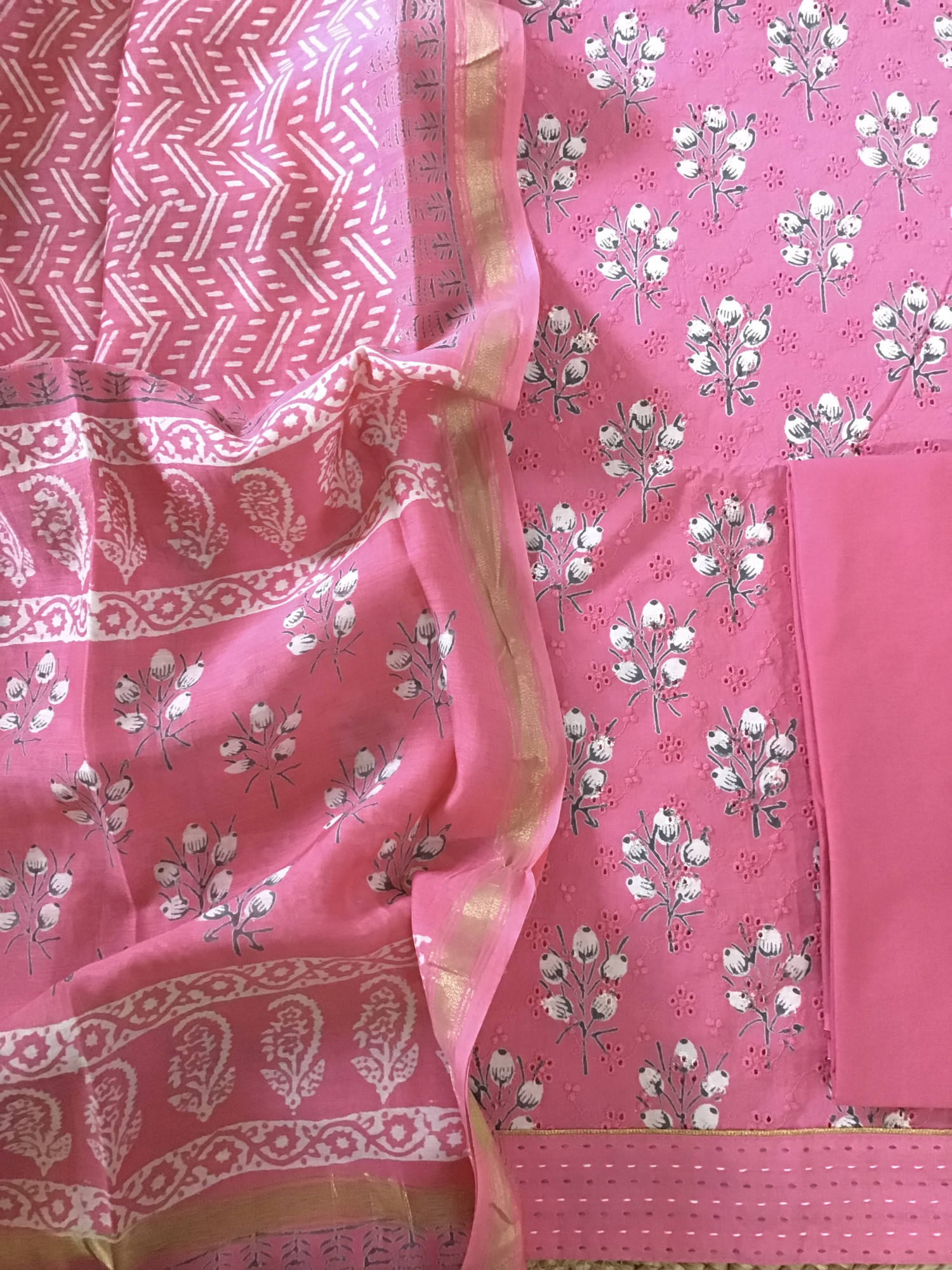 Pure Hakoba Cotton Printed Embroidered Suit - Pink