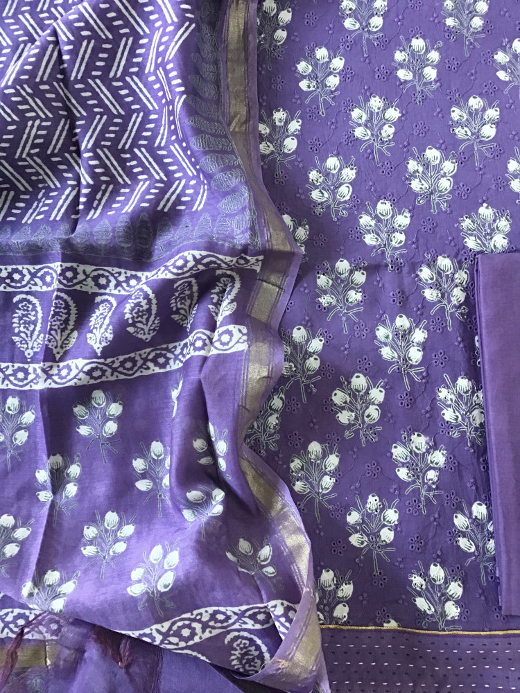Image of Pure Hakoba Cotton Printed Embroidered Suit - Purple
