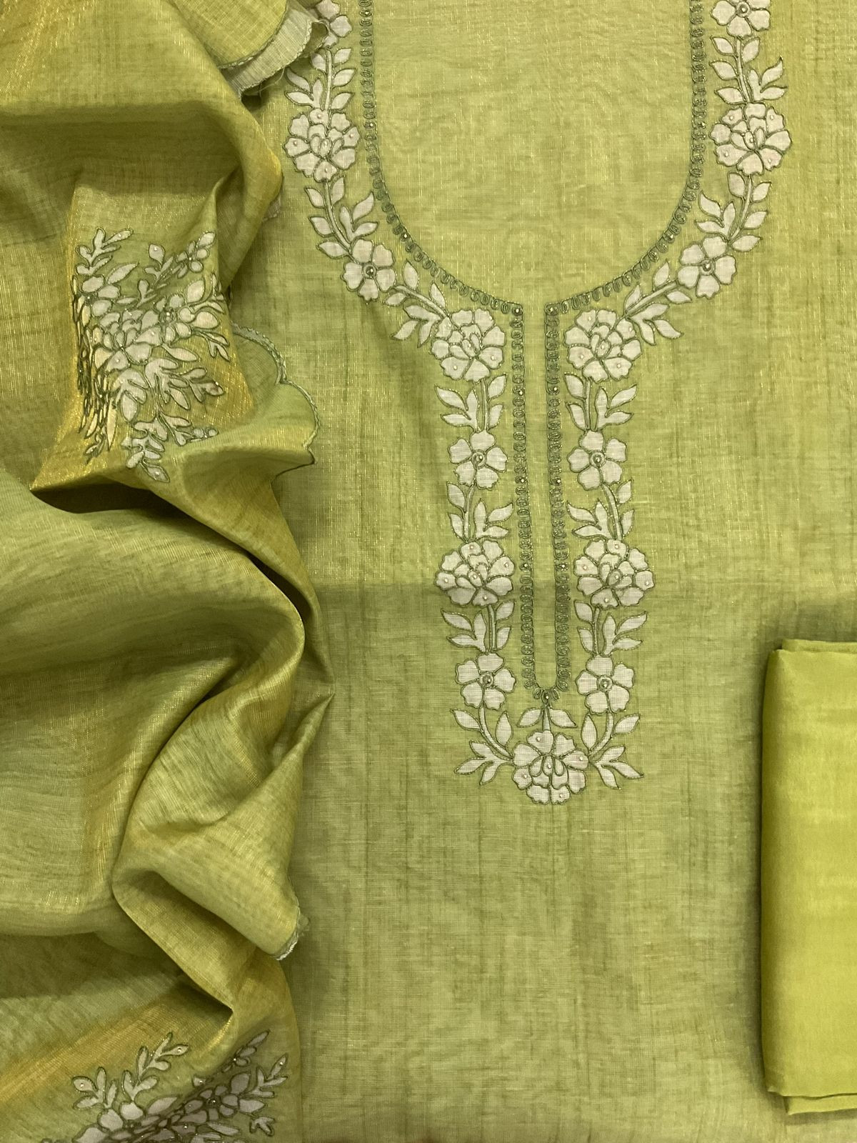 Soft Tissue Slub Cotton Printed Embroidered Suit - Green