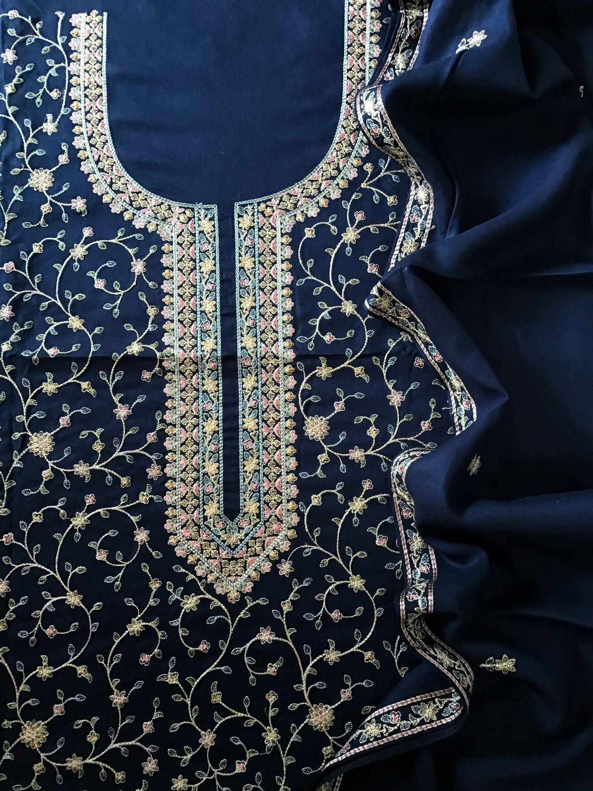 Soft Woollen Spun Silk Embroidered Suit - Blue