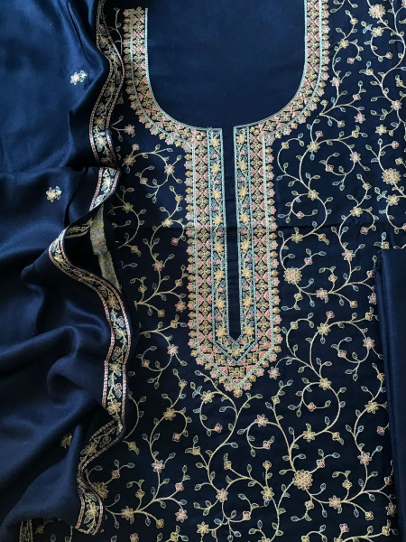 Image of Soft Woollen Spun Silk Embroidered Suit - Blue
