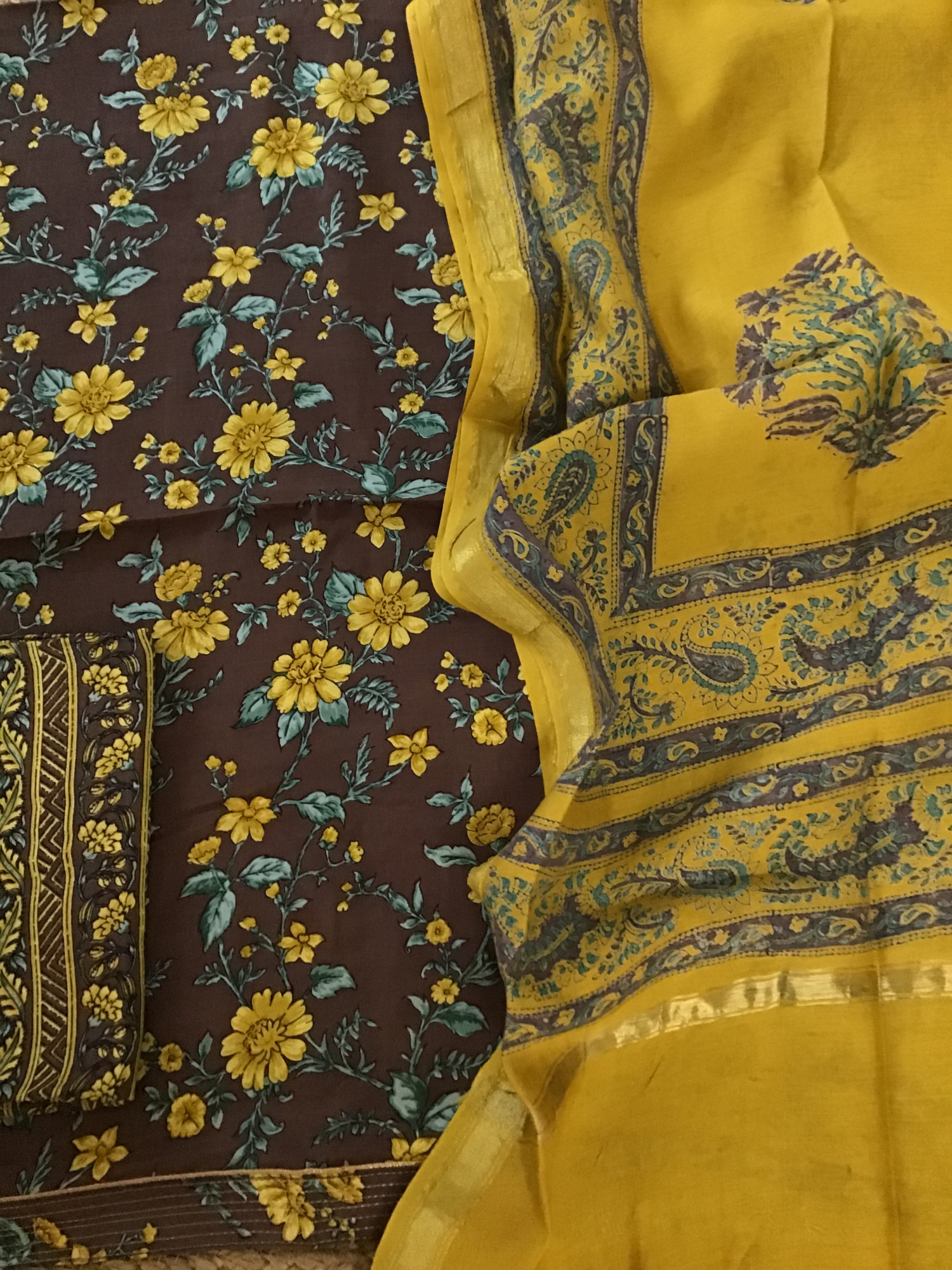 Soft Muslin Printed Embroidered Border Suit - Brown