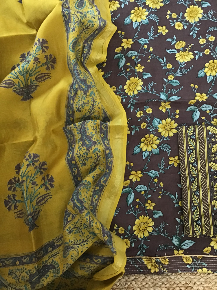 Image of Soft Muslin Printed Embroidered Border Suit - Brown