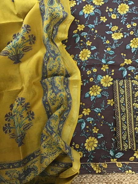 Image of Soft Muslin Printed Embroidered Border Suit - Brown