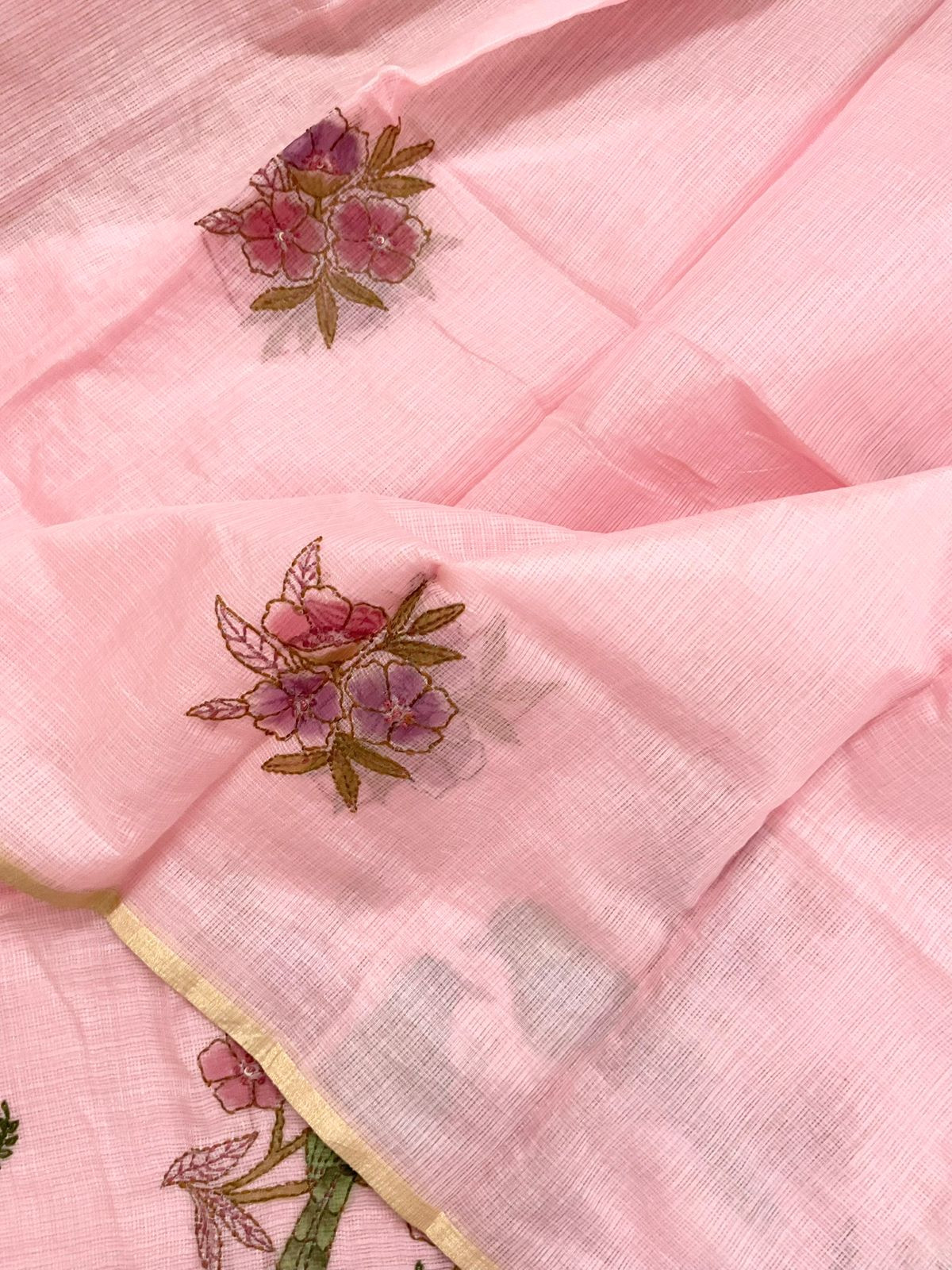 Soft Tissue Kota Silk Printed Embroidered Suit - Pink