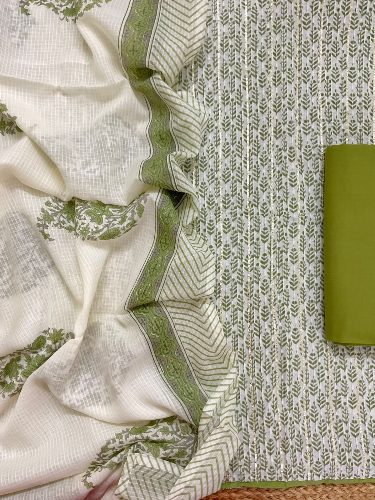 Pure Cotton Printed Embroidered Suit - Green