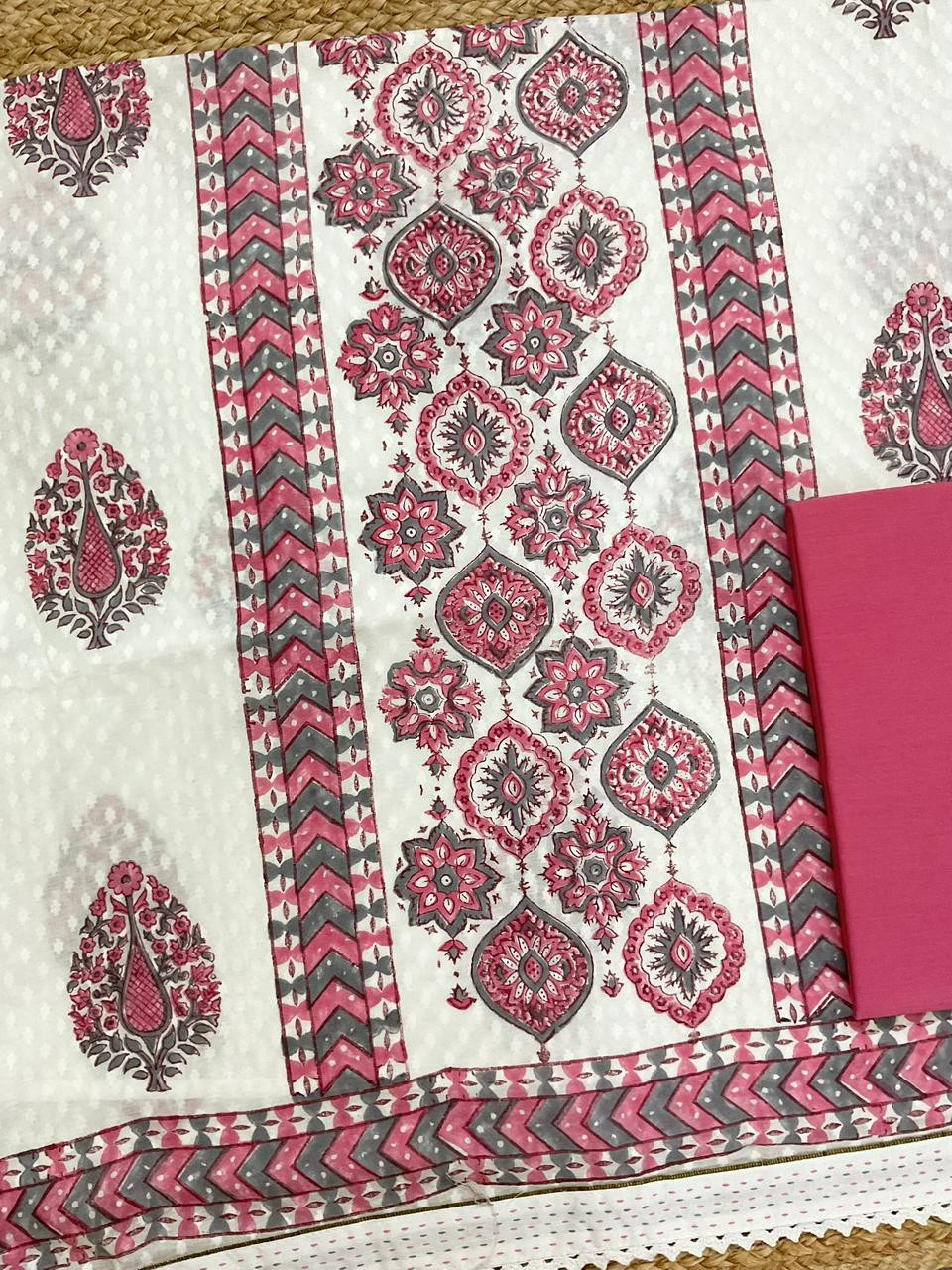Pure Cotton Self Weaved Printed Embroidered Suit - White