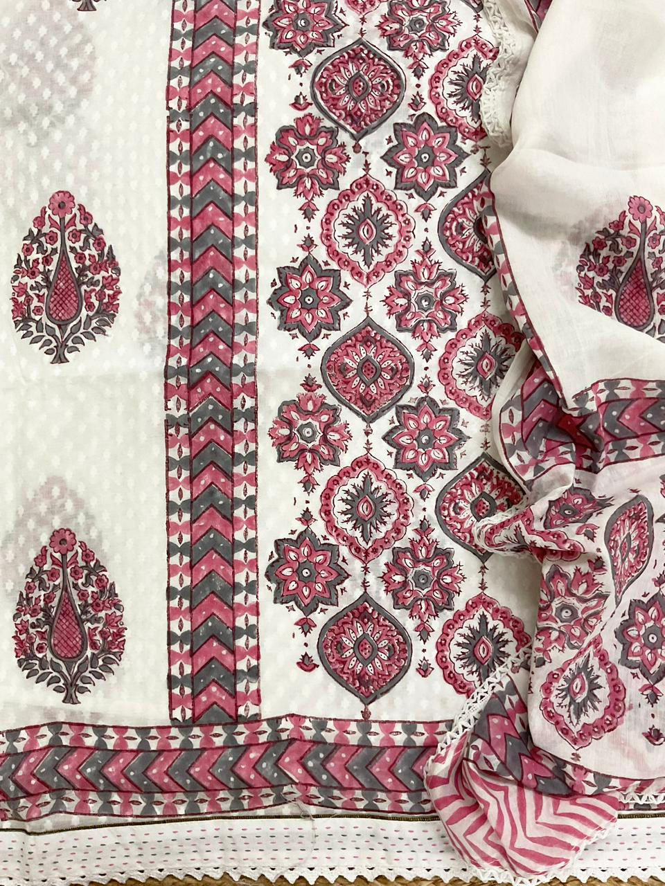 Pure Cotton Self Weaved Printed Embroidered Suit - White
