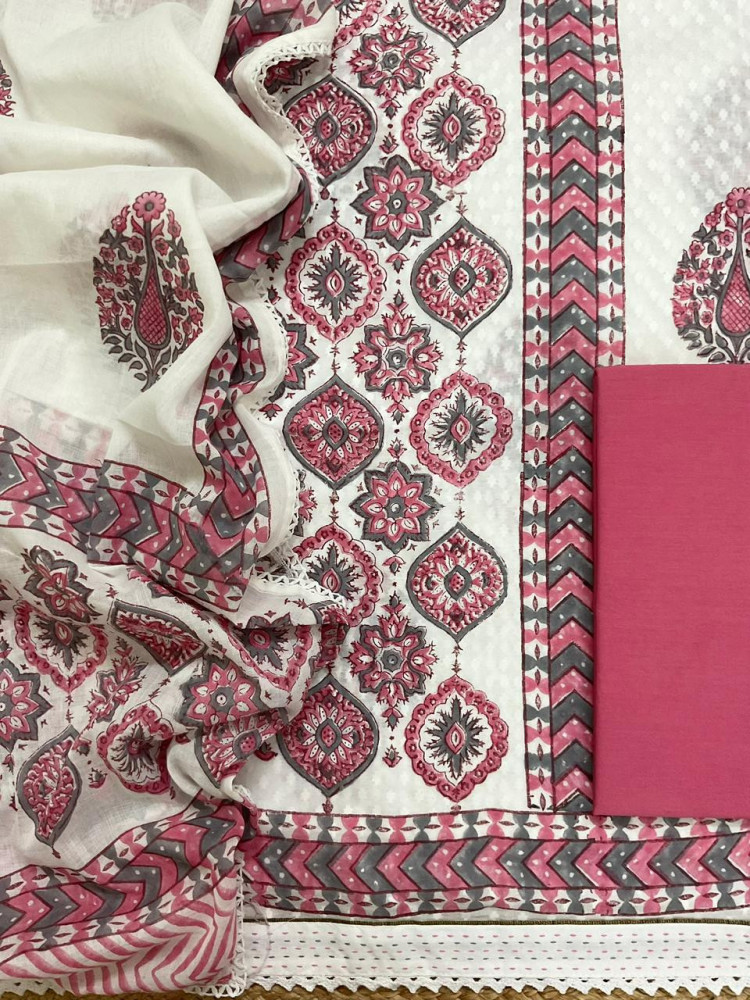 Image of Pure Cotton Self Weaved Printed Embroidered Suit - White