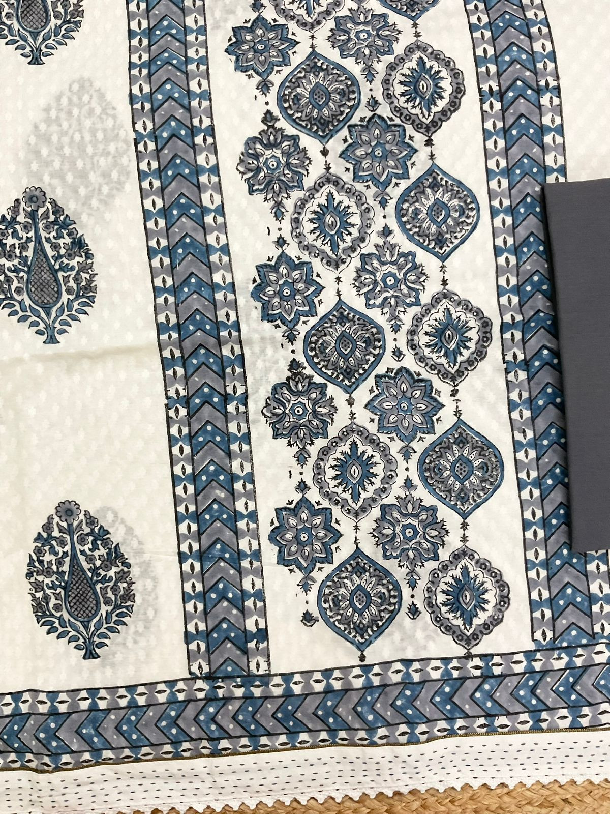 Pure Cotton Self Weaved Printed Embroidered Suit - White