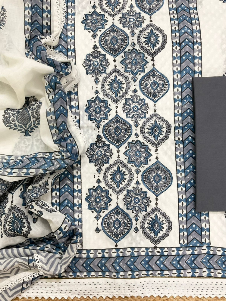 Image of Pure Cotton Self Weaved Printed Embroidered Suit - White