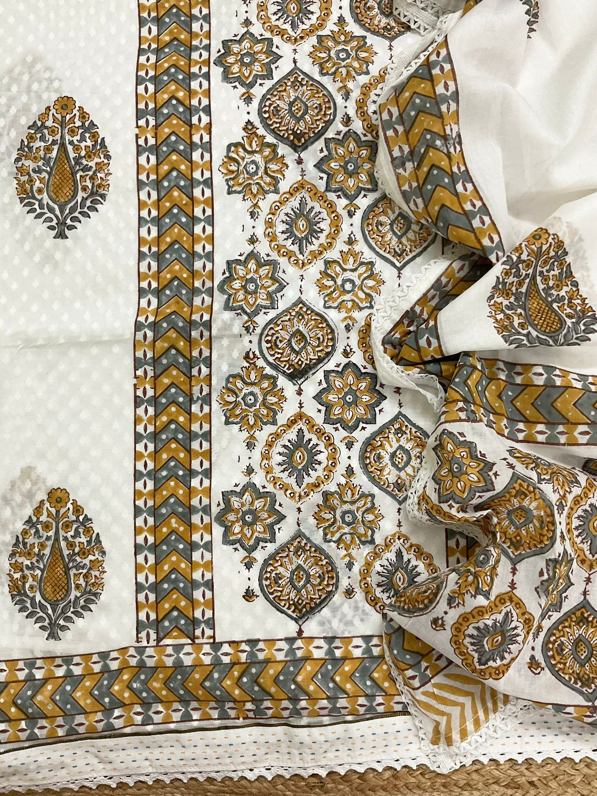 Pure Cotton Self Weaved Printed Embroidered Suit - White