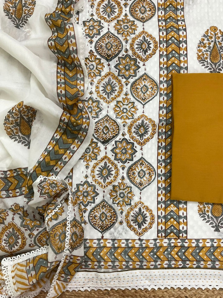 Image of Pure Cotton Self Weaved Printed Embroidered Suit - White