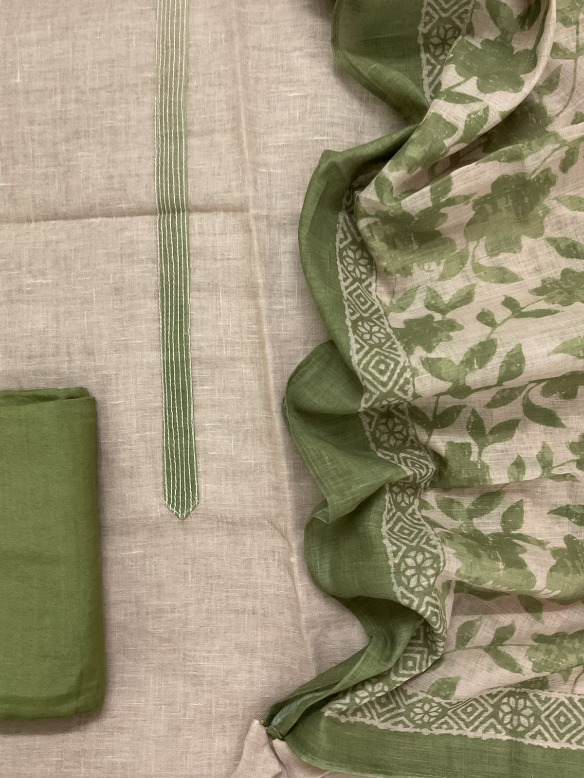 Soft Linen Jute Cotton Shaded Embroidered Suit - Green