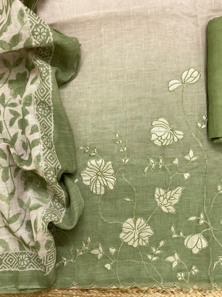 Image of Soft Linen Jute Cotton Shaded Embroidered Suit - Green